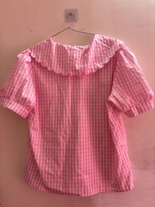 Cute savana Pink Gingham Peter Pan Collar Top