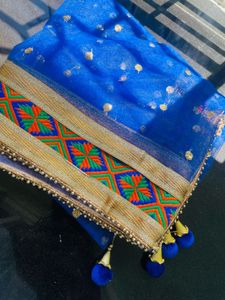 Vibrant Blue Embroidered Net Dupatta