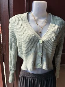 Green Ribbed Cropped Cardigan