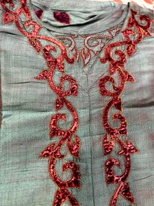 Elegant Teal Kurta with Maroon Velvet Embroidery