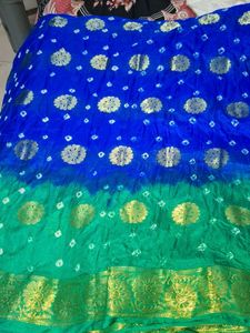 Blue &amp; Green Bandhani Saree
