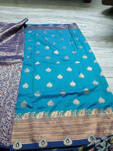 Beautiful Teal Silk Saree with Gold Weave and comp
