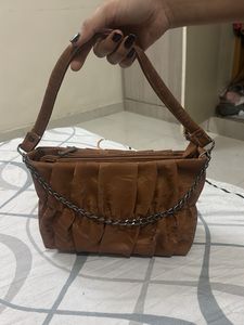 Chic Brown Ruched Shoulder Bag with Chain