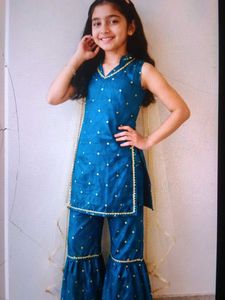 Girls Blue Kurta Set with Sharara