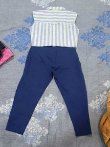 Striped Cropped Shirt &amp; Navy Pants Set