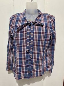Plaid Button-Up Bow Neck Blouse