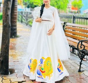 White Lehenga Choli with Peacock Print