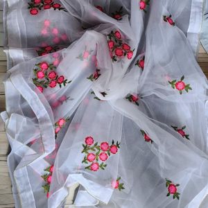 Brand New Pure White Embroidery Net Saree