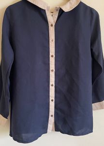 Navy Blue Collared Button-Up Blouse