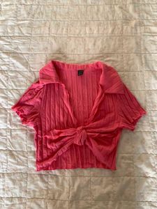 Ribbed Pink Tie-Front Cardigan