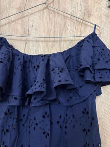 Navy Blue Off-Shoulder Eyelet Top