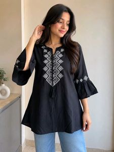 Embroidered Black Kurta Tunic Top