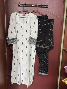 White & Black Printed Kurta Set