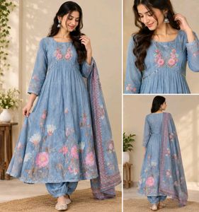 Light Blue Floral Kurta Set with Dupatta