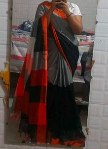 Stylish Black &amp; Orange Striped Saree