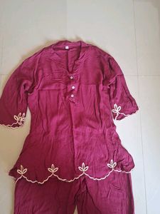 Maroon Embroidered Relaxed Fit Pajama Set