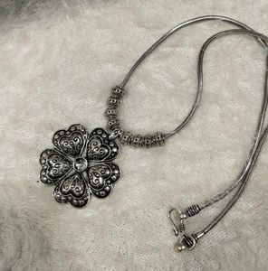 Silver tone oxidised Flower Necklace