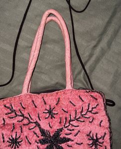 Handmade Pink Beaded Velvet Handbag