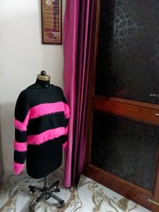 Striped Fur Trimmed Knit Sweater