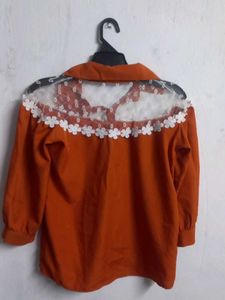 Chic Orange Lace Trim Blouse
