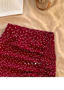 Chic Red Heart Print Ruched Midi Skirt Set