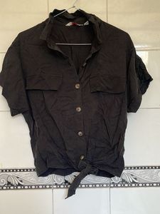 Black Tie-Front Short-Sleeve Top
