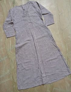 White &amp; Grey Striped Cotton Dress For Women