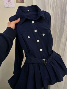 Chic Navy Button-Down ruffle top with belt 🦋