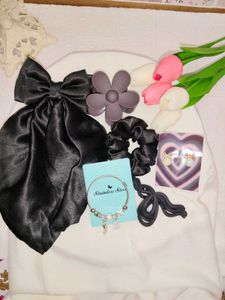 Chic Black Satin Bow &amp; Hair Clips Set