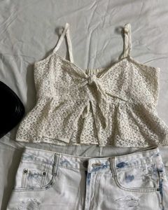 Cream Lace Tie-Front Cami Top