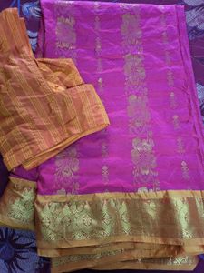 Vibrant Pink pattu Saree with Gold Border