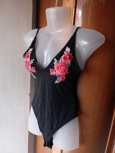 Embroidered Black Bodysuit