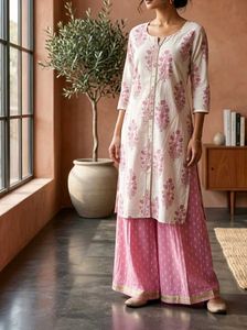 Elegant White & Pink Floral Kurta Set