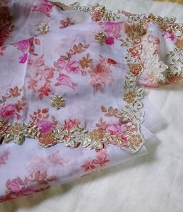 Floral print organza Saree with Embellished bo