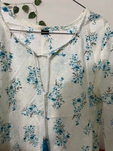 White Floral Print Cotton Kurta
