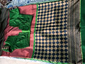 GentlyUsed CottonSilk Saree-RustBlackGreenStripes