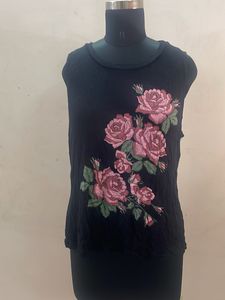 Black Sleeveless Top with Rose Embroidery