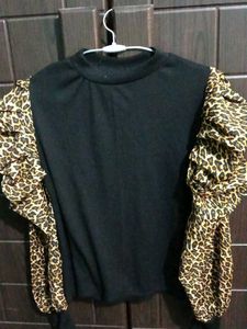 Black Top with Leopard Print Puff Sleeves