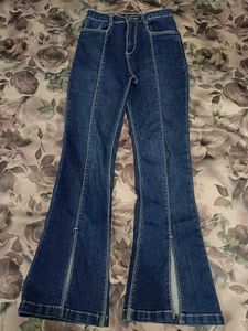 Dark Blue Split-Hem Flare Jeans