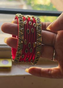 Red Silk Thread Bangles with Stones