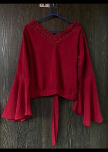 Chic Red Bell Sleeve Top with Lace Neckline