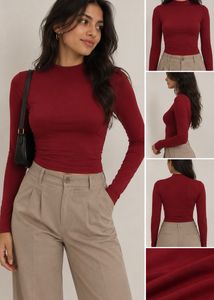 Burgundy Red Long-Sleeve Fitted Mock Neck Top