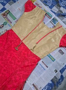 Beautiful Pink &amp; Gold Embroidered Anarkali Gown wi