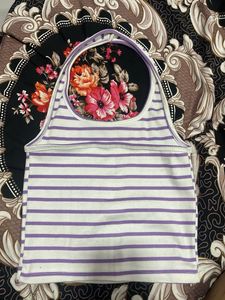 Lavender Striped Halter Neck Crop Top