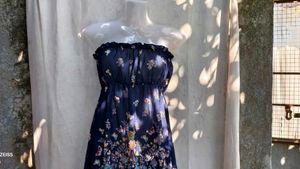 201110. Navy Floral Butterfly Strapless Dress