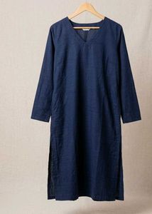 Navy Blue V-Neck Long Sleeve Kurta