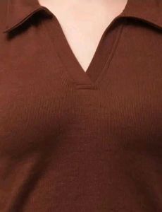 Brown Long Sleeve Cropped Polo Top
