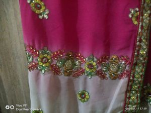 Pink &amp; White Embroidered Saree