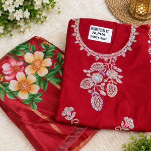 Maroon Sequined Kurta Set with Floral Dupatta