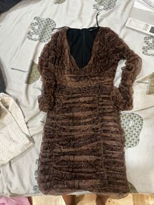Brown Snake Print Ruched Dress